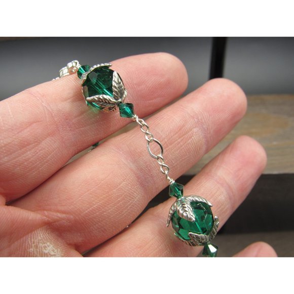 7 Inch Sterling Silver Unique Green Crystals With Leaf Accents Nature Bracelet - Picture 3 of 7